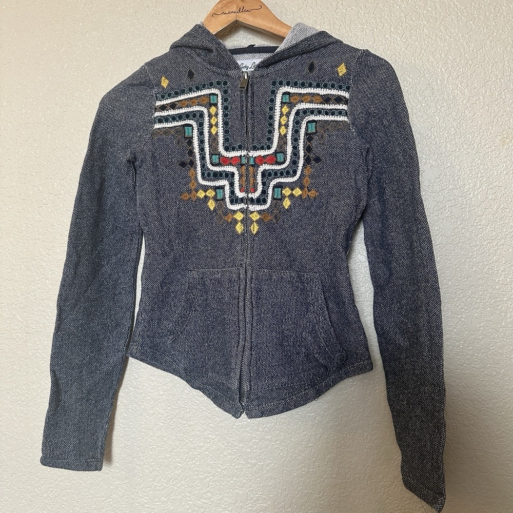 Lucky Brand Lotus Southwestern Embroidered Gray Full Zip Hoodie Sweatshirt XS‎